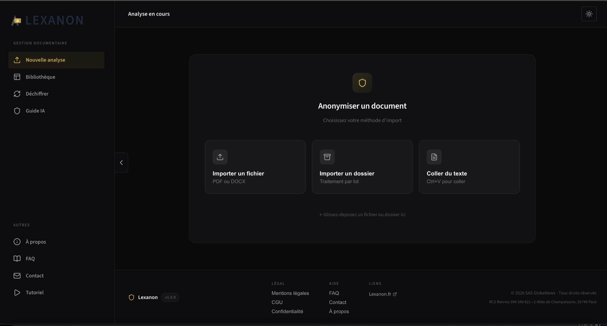 Écran d'import de documents — Lexanon